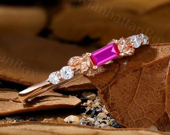 Gold Ruby Engagement Ring - Delicate Leaf Ring - Natural Inspired Ring by ManhattanBox