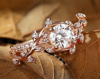 Nature Inspired Moissanite Engagement Ring - Rose Gold Vintage Pave Twist Ring - Promise Ring with Branch and Leaf by ManhattanBox