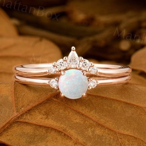 Vintage Round Natural Opal engagement ring set Art deco rose gold diamond cluster bridal set diamond curved wedding band Anniversary ring