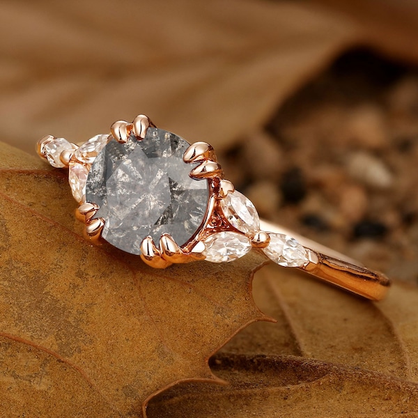 Salt and Pepper Diamond Engagement Ring - Vintage Cluster Diamond Wedding Ring - Antique Rose Gold Promise Ring for Women by ManhattanBox