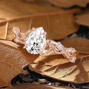Rose Gold Moissanite Engagement Ring - Vintage Nature Inspired Branch Wedding Ring - Unique Teardrop Leaf Promise Ring by ManhattanBox