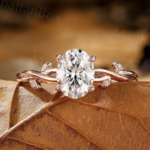 Nature Inspired Oval Moissanite Engagement - Classic Twist & Twig Rose Gold Ring - Vintage Diamond Leaf Promise Ring by ManhattanBox