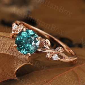 Unique Teal Sapphire Engagement Ring - Blue Green Sapphire Rose Gold Wedding Ring - Branch & Leaf Twist Promise Ring by ManhattanBox