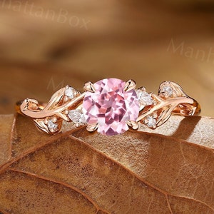 Nature Inspired Padparadscha Engagement Ring - Lovely Pink Stone Leaf Wedding Ring - Vintage Twist & Twig Promise Ring by ManhattanBox