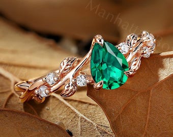 Emerald Engagement Ring - Leaf Twist Wedding Ring - Fairy Promise Ring by ManhattanBox