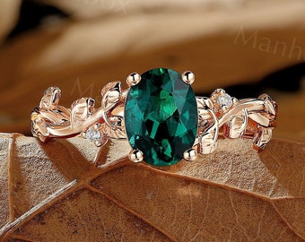 Emerald Engagement Ring - Gold Leaf Promise Ring - Diamond Bridal Ring by ManhattanBox