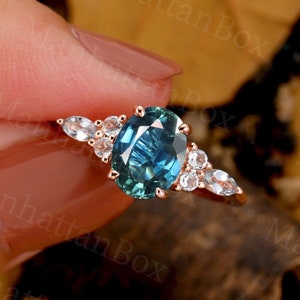 Vintage Teal Sapphire Engagement Ring Oval Cut Antique Rose Gold Peacock Sapphire Wedding Ring Marquise Sky Blue Topaz Anniversary Ring image 4