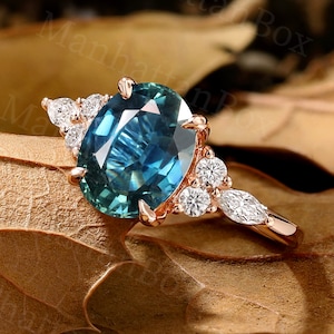 Antieke pauwensaffier verlovingsring - unieke blauwgroen saffier roségouden trouwring - vintage veelbelovende diamantring door ManhattanBox