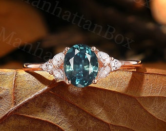 Teal Sapphire engagement ring vintage Oval cut blue green sapphire rose gold Peacock sapphire cluster diamond pear shape ring Anniversary