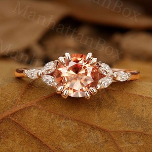 Antique Sunstone Engagement Ring - Marquise Diamond Cluster Wedding Ring - Delicate Double Prong Set Promise Ring for Women by ManhattanBox