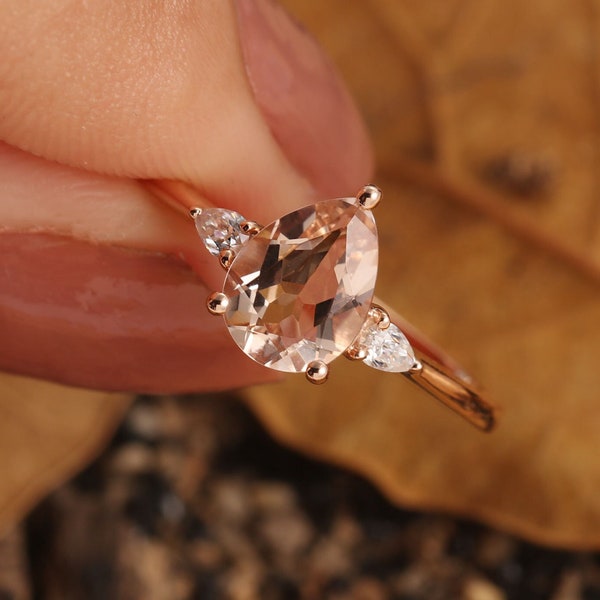 Art deco Pear shape Peach pink Morganite engagement ring|Vintage Rose gold three stone wedding ring|Teardrop diamond bridal ring Anniversary