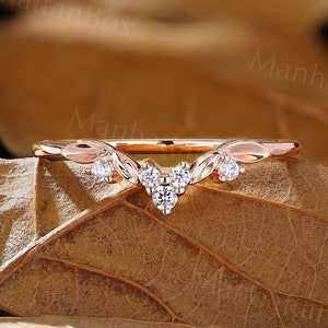 Minimalist Diamond Curved Wedding Band - Rose Gold Delicate Leaf Wedding Ring - Stackable Nature Inspired Matching Ring by ManhattanBox