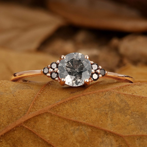 Dainty Salt and Pepper Diamond Engagement Ring - Vintage Rose Gold Wedding Ring - Black Diamond Anniversary Promise Ring by ManhattanBox