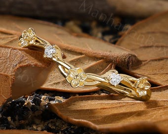 Moissanite Floral Stacking Ring - Petite Yellow Gold Ring - Flower Nature Ring by ManhattanBox