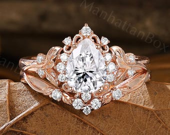 Moissanite Engagement Ring Set - Rose Gold Bridal Set - Leaf Vine Ring Set by ManhattanBox