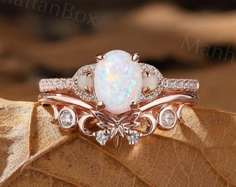 Vintage Oval Cut Nature Opal Engagement Ring Set Rose Gold White Opal Ring Pave Moissanite Ring Unique Curved Chevon Wedding Band Bridal Set