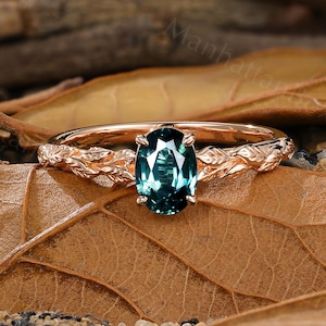 Teal Sapphire Leaf Engagement Ring - Nature Inspired Blue Green Sapphire Wedding Ring - Oval Forest Promise Ring by ManhattanBox