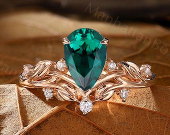 Emerald Engagement Ring - Tear Drop Leaf Ring - Rose Gold Nature Inspired Ring by ManhattanBox