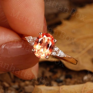 Antique Oval Sunstone engagement ring| Delicate Pear shape Moissanite cluster ring| rose gold diamond bridal ring|Unique Anniversary ring