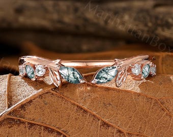 Moss Agate Leaf Open Ring - Rose Gold Stacking Ring - Nature Inspired Ring by ManhattanBox