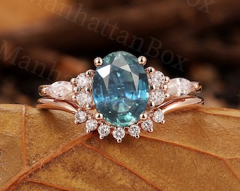 Vintage Oval Peacock sapphire engagement ring set|Art deco Teal sapphire rose gold bridal set| cluster diamond wedding band Anniversary ring