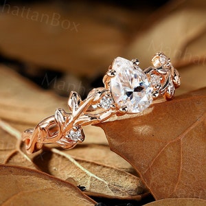 Nature Inspired Moissanite Engagement Ring - Rose Gold Teardrop Diamond Wedding Ring - Leaf Branch & Twist Promise Ring by ManhattanBox