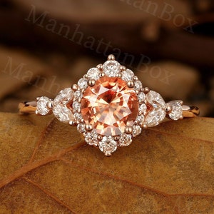 Vintage Sunstone Engagement Ring - Antique Rose Gold Bridal Wedding Ring - Halo Marquise Diamond / Moissanite Promise Ring by ManhattanBox