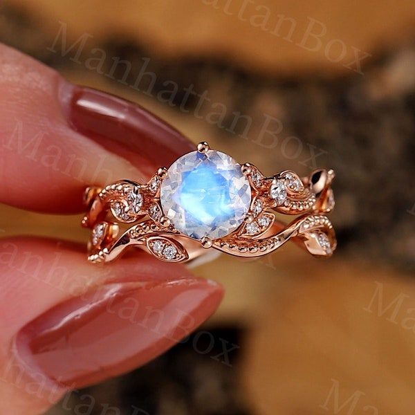 Art deco Round Moonstone engagement ring set|Vintage Milgrain leaf rose gold wedding ring|Unique diamond twig Bridal set|Anniversary ring