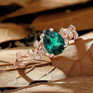 Pear Cut Emerald Engagement Ring - Nature Inspired Rose Gold Vintage Leaf Promise Ring - Unique Diamond Twig Wedding Ring by ManhattanBox