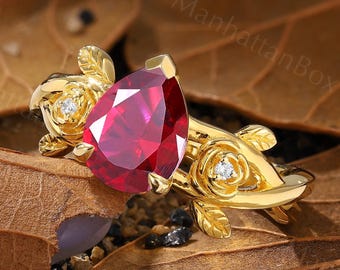 Flower Ruby Engagement Ring - 18K Yellow Gold Floral Branch Leaf Wedding Ring - Nature Inspired Bridal Ring for Proposal by ManhattanBox