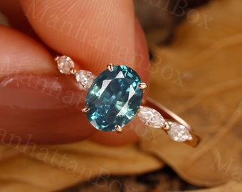 Vintage Oval cut teal sapphire engagement ring Art deco blue green sapphire rose gold ring diamond prong set Wedding Season antique ring