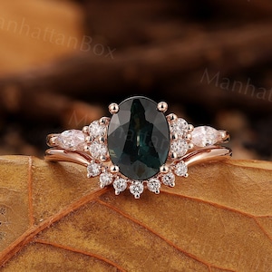 Vintage Oval Deep green blue sapphire engagement wedding ring set Teal sapphire bridal set cluster diamond wedding band Anniversary ring