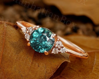 Vintage round cut teal sapphire engagement ring blue green sapphire rose gold ring diamond ring Unique moissanite ring Anniversary ring