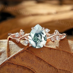 Twig Moss Agate Engagement Ring - Vintage Teardrop Rose Gold Branch Promise Ring - Delicate Diamond Leaf Wedding Ring by ManhattanBox