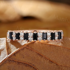 Antique Black Onyx Wedding Band - Vintage Baguette Moissanite Stackable Ring - Unisex Matching Rose Gold Promise Ring by ManhattanBox