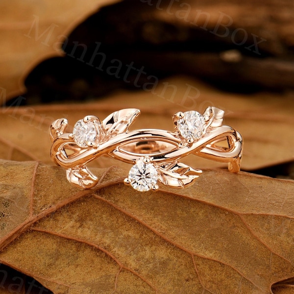 Unique Diamond leaf wedding band rose gold Vintage moissanite matching Stacking Band art deco natural engagement ring Anniversary band