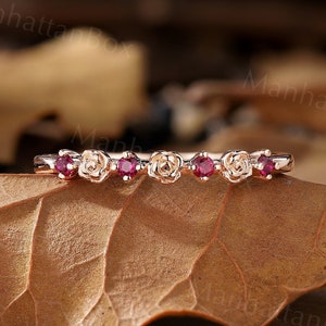 Vintage Natural Ruby Wedding Band - Women Rose Gold Floral Matching Ring - Delicate Stacking Anniversary Promise Ring by ManhattanBox