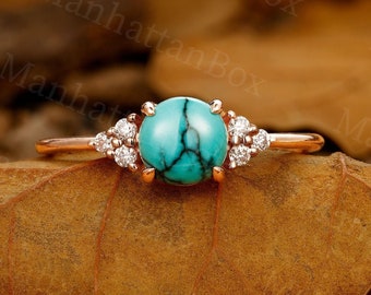 Vintage Turquoise Engagement Ring - Cluster Rose Gold Malachite Wedding Ring - Dainty Diamond Promise Ring by ManhattanBox