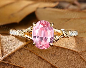 Padparadscha Engagement Ring - Pink Sapphire Ring - Leaf Yellow Gold Ring by ManhattanBox
