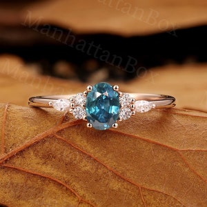 Peacock Sapphire engagement ring vintage Oval cut blue green sapphire rose gold teal sapphire diamond cluster ring moissanite Anniversary image 7