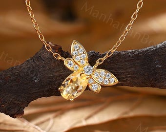Citrine Firefly Necklace - Yellow Gold Moissanite Insect Wings Pendant - Dainty Summer Night Inspired Necklace by ManhattanBox