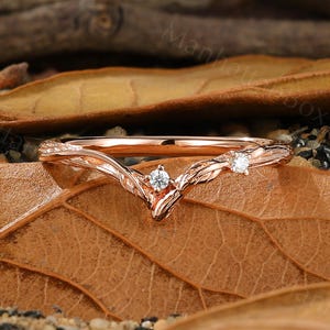 Moissanite Chevron Wedding Band - Nature Inspired Leaf V Shape Curved Ring - Minimalist Rose Gold Matching Stacking Band by ManhattanBox