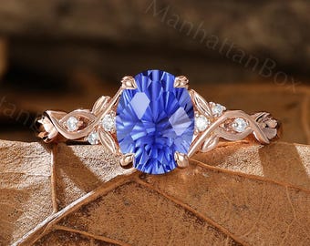 Cornflower Sapphire Ring, Twist Engagement Ring - Leaf Vine Nature Ring by ManhattanBox