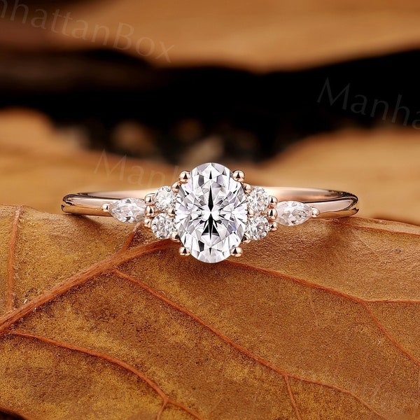Anillo de compromiso de moissanita ovalado, anillo de diamantes de talla marquesa de oro rosa vintage, anillo nupcial de racimo, anillo de boda de promesa de aniversario único