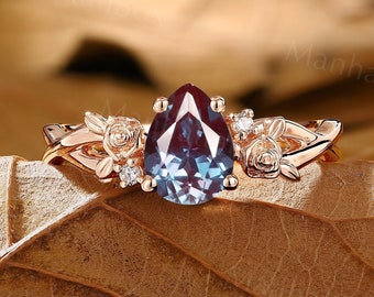 Teardrop Alexandrite Engagement Ring - Nature Inspired Diamond