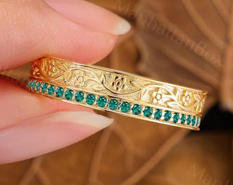 Emerald Wedding Band - Floral Yellow Gold Ring - Engraved Stacking Band by ManhattanBox