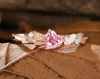 Heart Engagement Ring - Pink Sapphire Promise Ring - Leaf Romantic Love Ring byManhattanBox