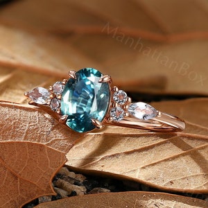 Vintage Teal Sapphire Engagement Ring - Rose Gold Peacock Sapphire Wedding Ring - Antique Marquise Promising Ring by ManhattanBox