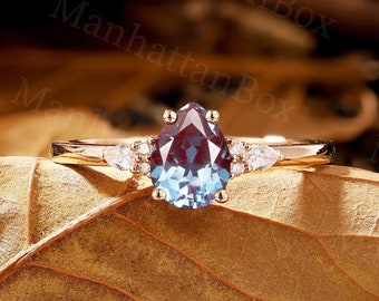 Vintage Alexandrite engagement ring pear cut | rose gold ring |Art deco ring | promise diamond ring prong set unique ring Anniversary ring
