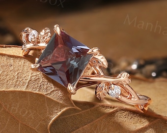 Alexandrite Engagement Ring - Princess Cut Gold Ring - Leaf & Branch Ring by ManhattanBox